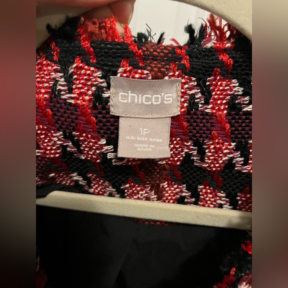 Chico’s Red Black Tweed Houndstooth Fringe Jacket Blazer 1P Office Wear Holiday - Picture 5 of 12
